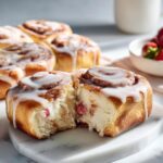 A soft Strawberry Cheesecake Roll, split open to show the filling, drizzled with vanilla glaze.