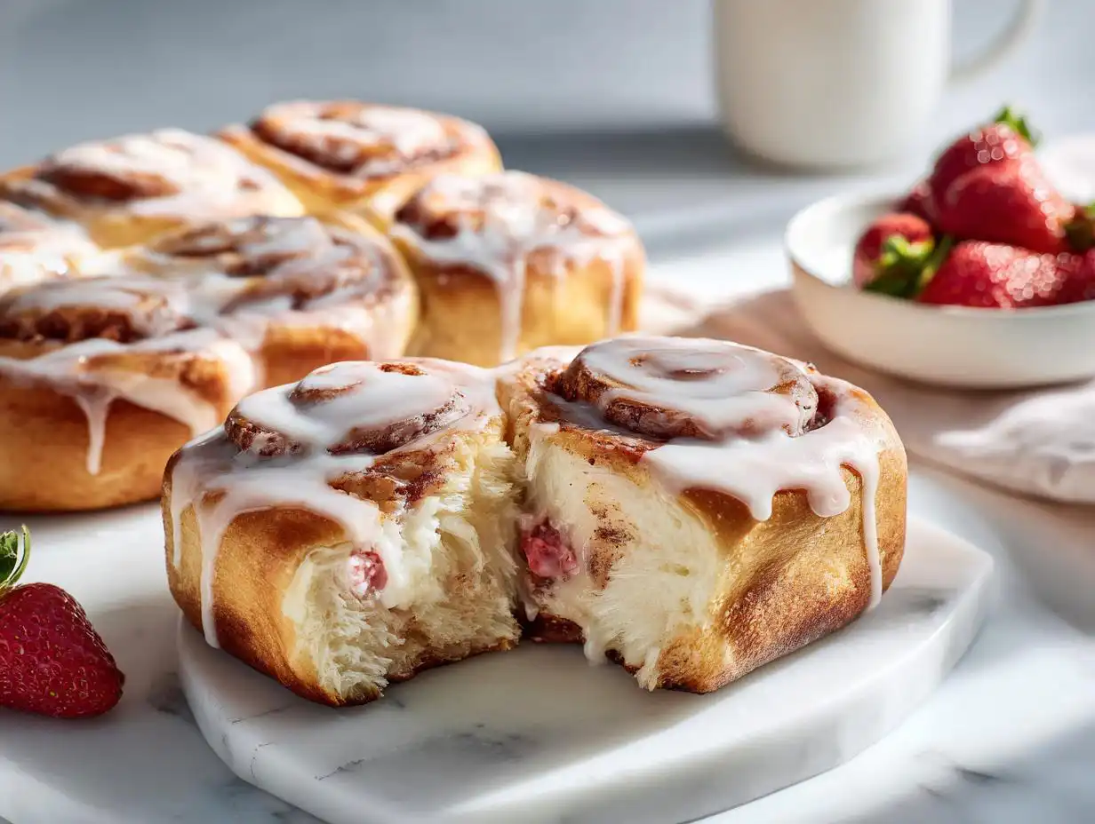 A soft Strawberry Cheesecake Roll, split open to show the filling, drizzled with vanilla glaze.