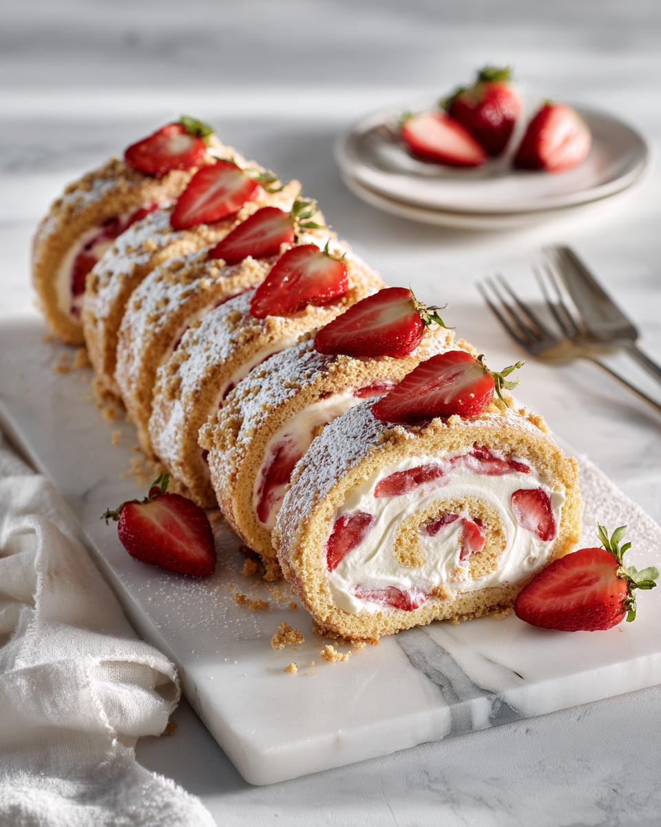 A row of sliced Strawberry Cheesecake Rolls with Graham Cracker Crumble, topped with fresh strawberries and powdered sugar.