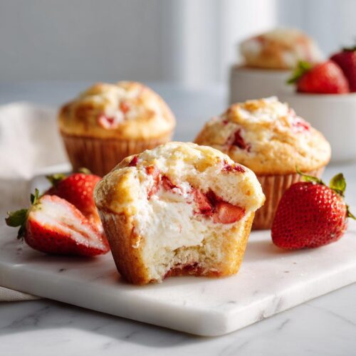 A close-up of a Strawberry Cream Cheese Muffin with a bite taken out, revealing the creamy filling and fresh strawberries.