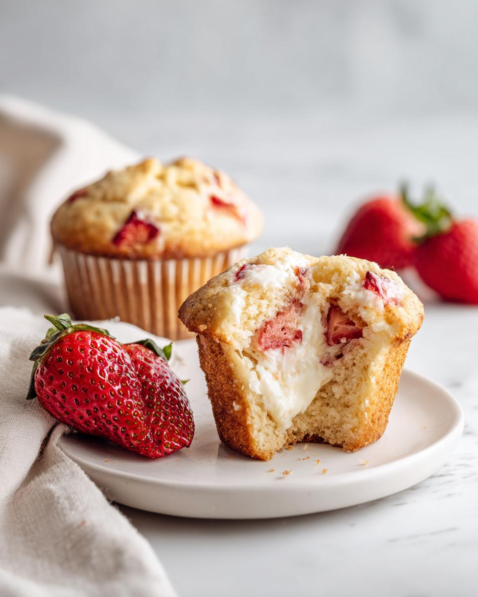 A Strawberry Cream Cheese Muffin cut in half revealing a rich cream cheese filling and pieces of strawberry.