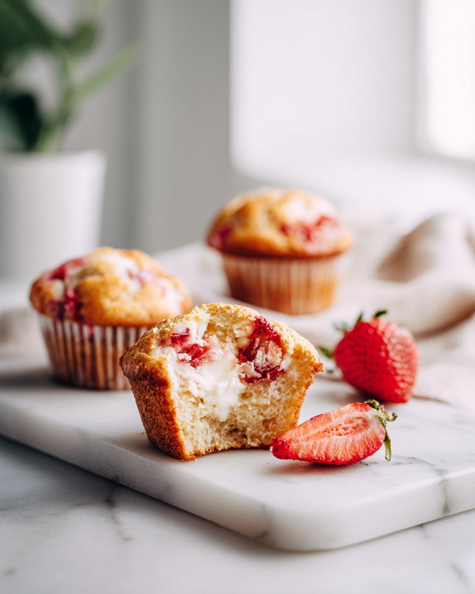 A Strawberry Cream Cheese Muffin cut in half showing the cream cheese filling and strawberries inside.