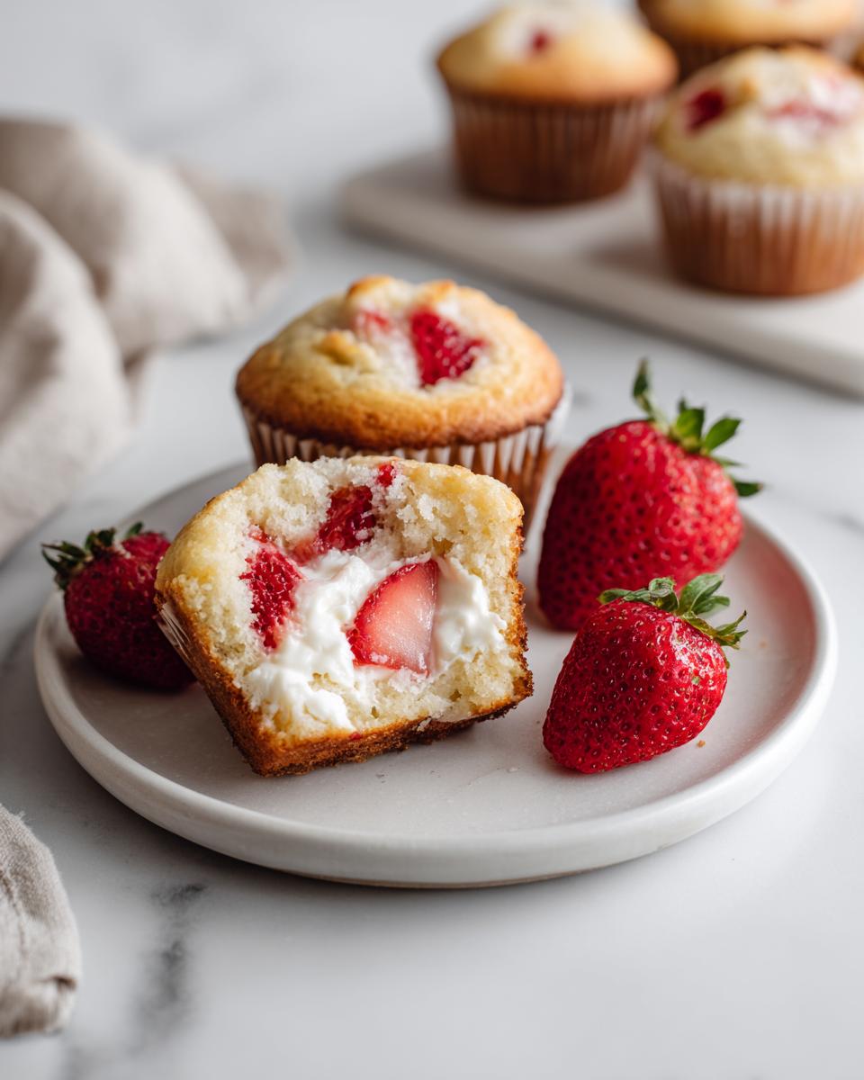 A halved Strawberry Cream Cheese Muffin showing the cream cheese filling and fresh strawberry pieces inside.