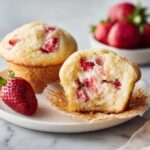 A halved Strawberry Cream Cheese Muffin showing the cream cheese filling next to a whole muffin and a fresh strawberry.