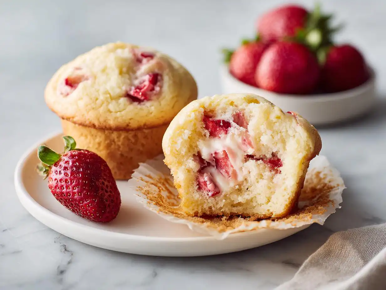 A halved Strawberry Cream Cheese Muffin showing the cream cheese filling next to a whole muffin and a fresh strawberry.