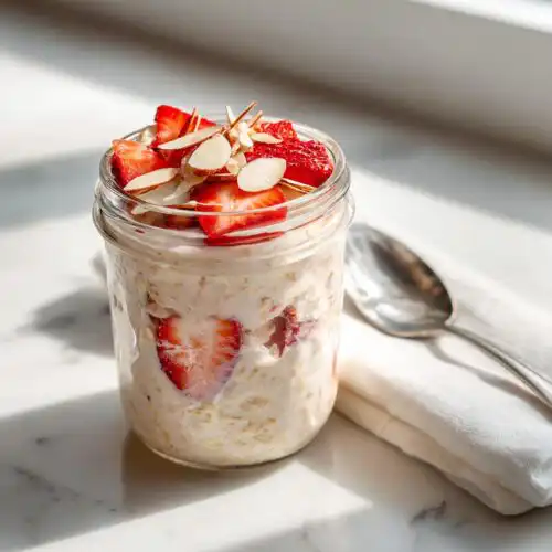 Close-up of Strawberry High-Protein Overnight Oats topped with fresh strawberries and sliced almonds in a glass jar.