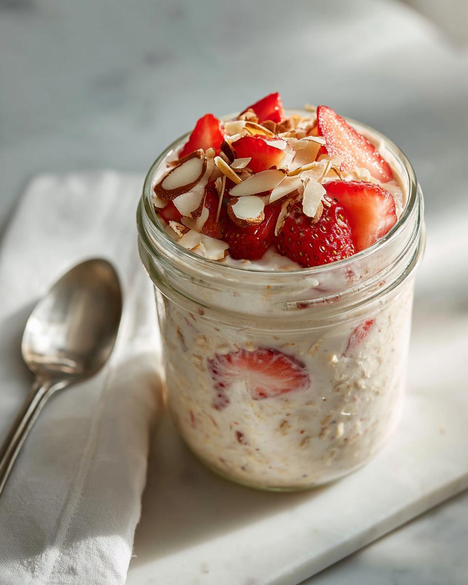 A jar of Strawberry High-Protein Overnight Oats topped with fresh strawberries and sliced almonds.