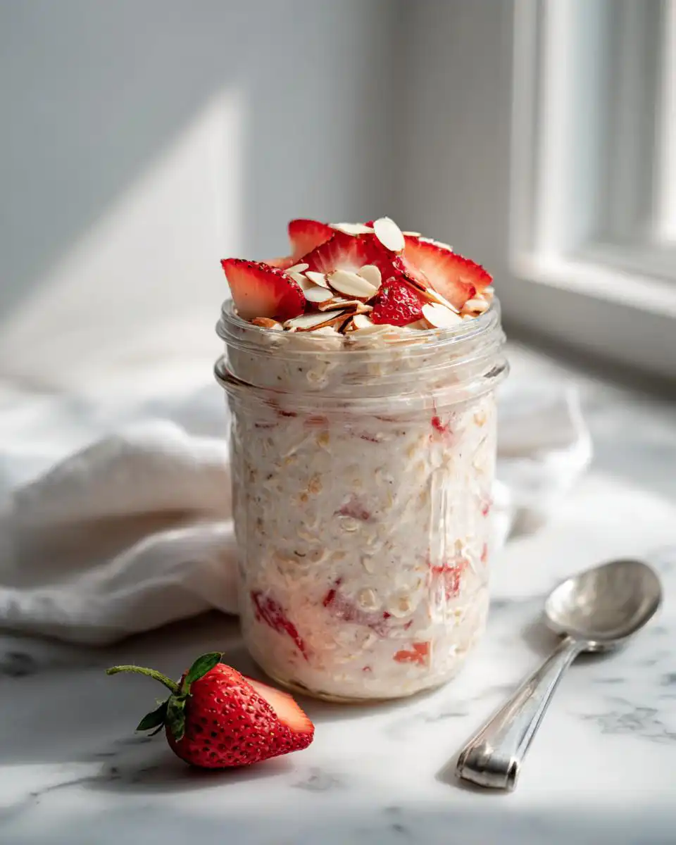 Jar of Strawberry High-Protein Overnight Oats topped with sliced strawberries and almonds.