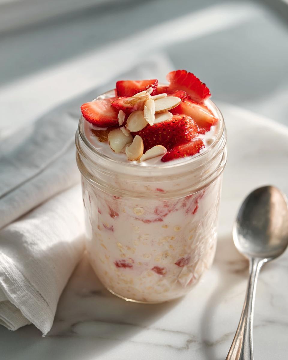 Close-up of Strawberry High-Protein Overnight Oats topped with fresh strawberries and sliced almonds in a mason jar.