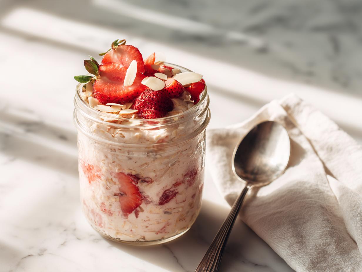 Close-up of Strawberry High-Protein Overnight Oats topped with fresh strawberries and slivered almonds in a glass jar.