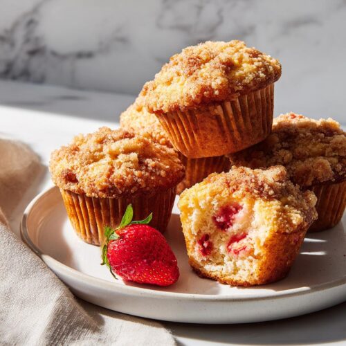 A stack of golden Strawberry Streusel Muffins, one broken open showing fresh strawberries inside, next to a whole strawberry.