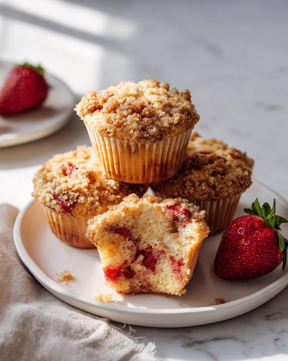 A stack of delicious Strawberry Streusel Muffins, one broken open showing juicy strawberries inside.