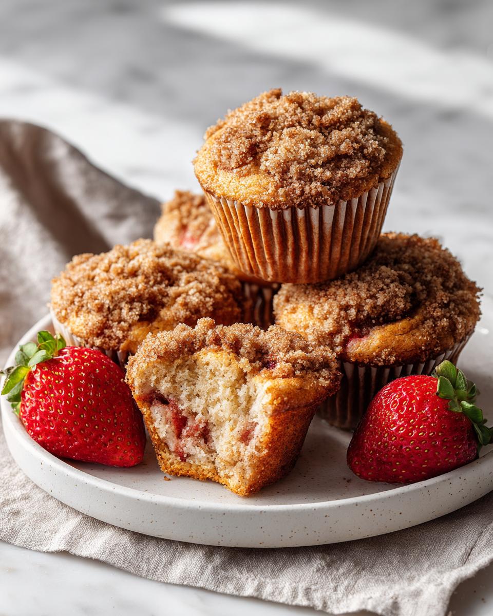 A stack of Strawberry Streusel Muffins topped with cinnamon crumble, one is broken open next to two fresh strawberries.