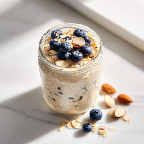 A jar of Vanilla Almond Protein Overnight Oats topped with fresh blueberries and sliced almonds.