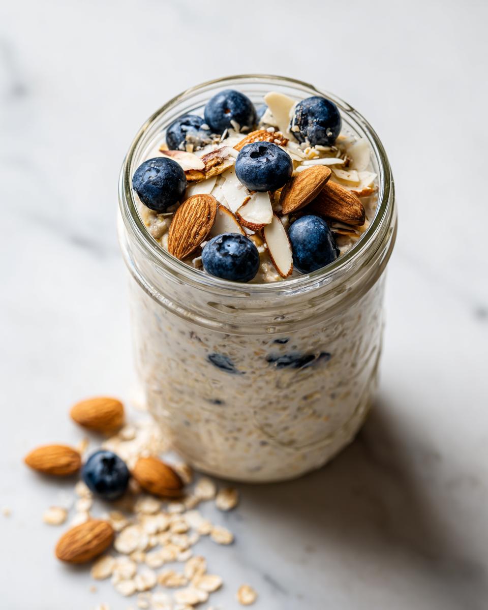 Overhead view of Vanilla Almond Protein Overnight Oats topped with blueberries and sliced almonds in a glass jar.