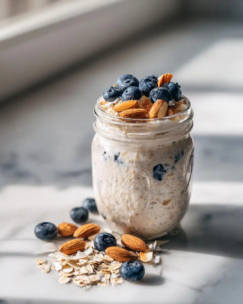 A jar of Vanilla Almond Protein Overnight Oats topped with fresh blueberries and whole almonds.