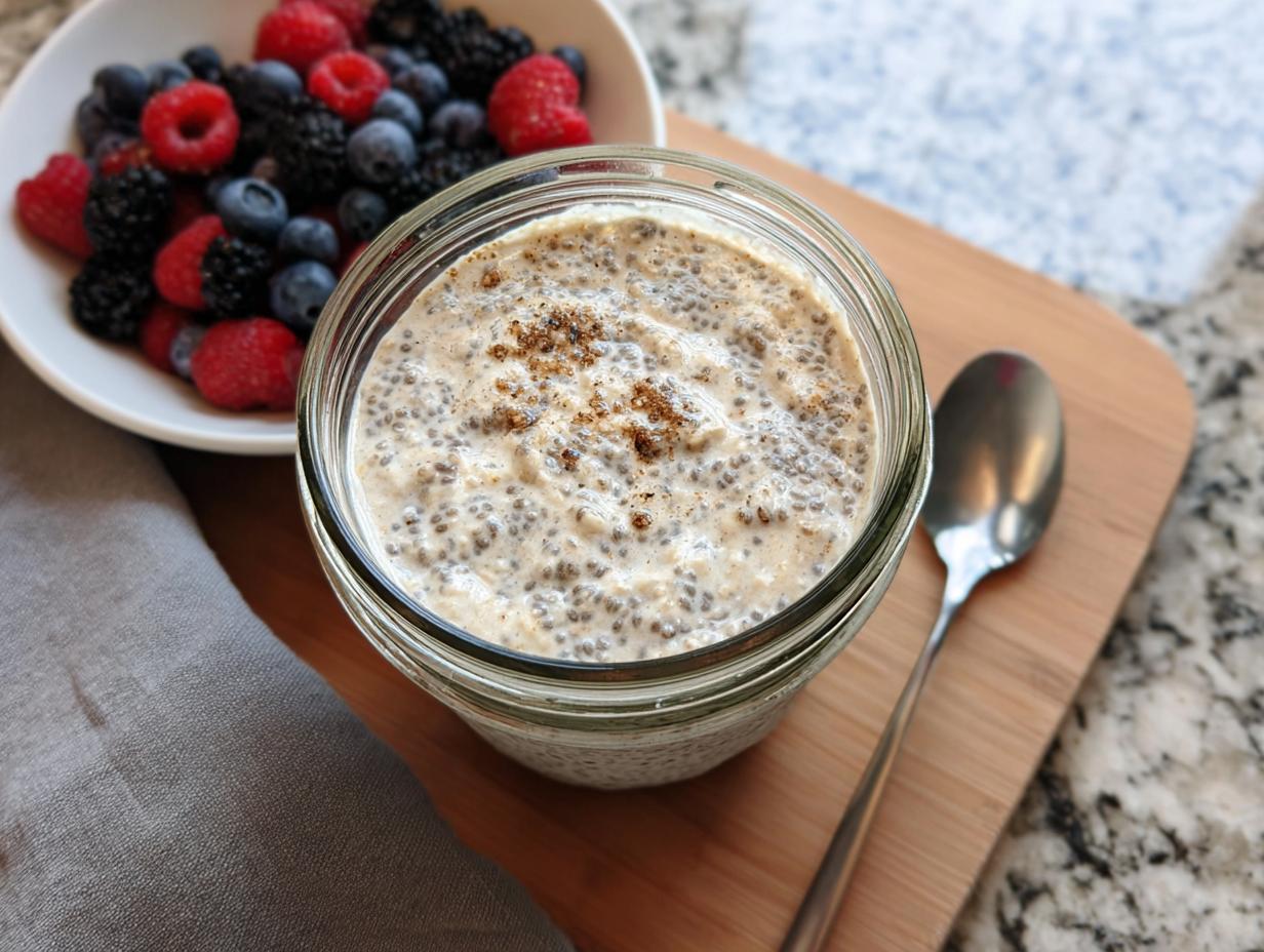 Overhead view of Vanilla Chia Overnight Oats in a glass jar, topped with cinnamon, next to fresh berries.