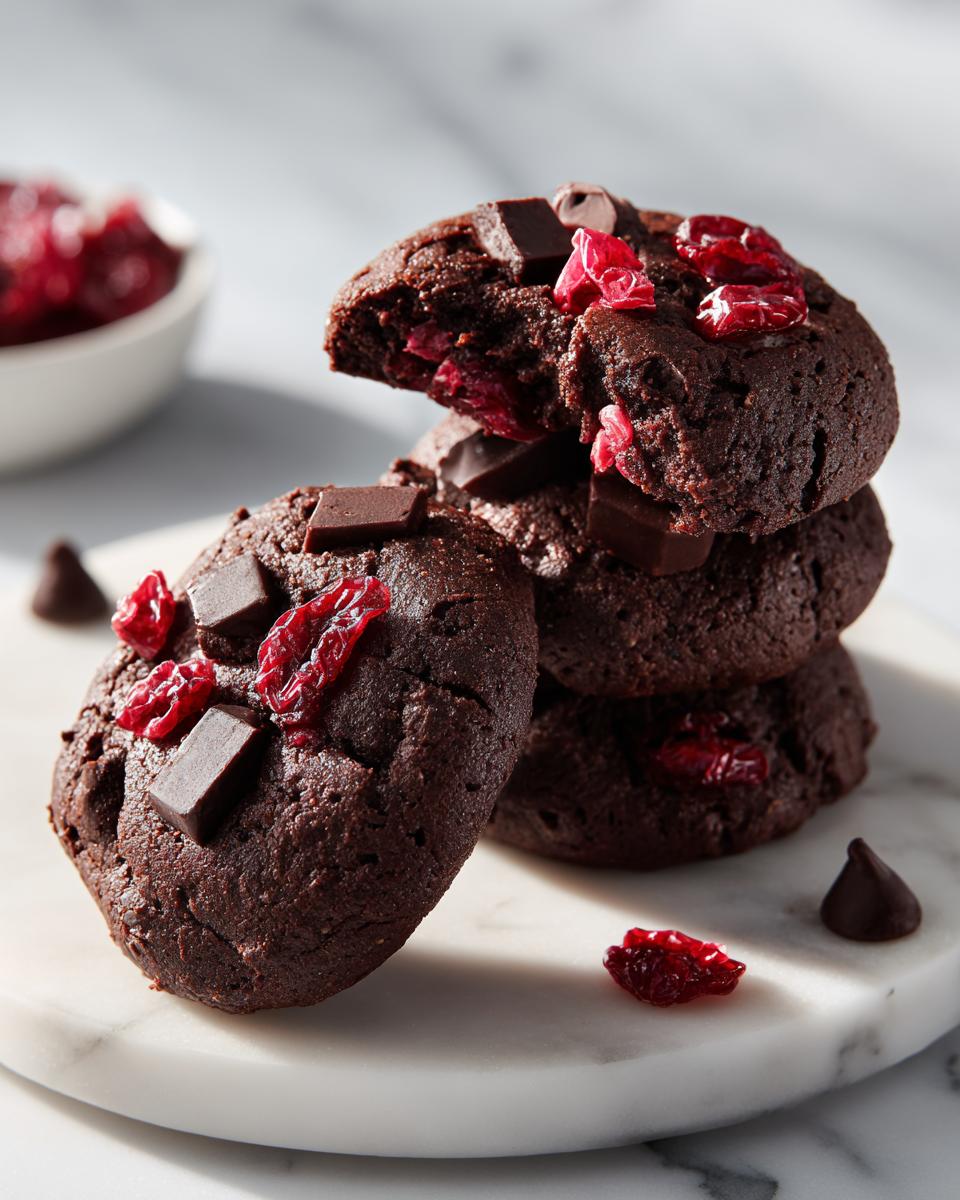A stack of rich, dark Vegan Chocolate Cherry Cookies topped with chocolate chunks and dried cherries.