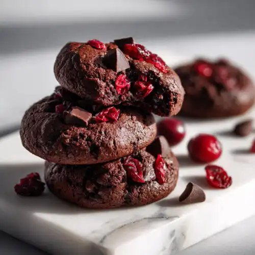A stack of three rich, dark Vegan Chocolate Cherry Cookies studded with dried cherries and chocolate chunks.