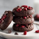 A stack of three rich, dark Vegan Chocolate Cherry Cookies topped with dried cherries and chocolate chunks, resting on a white marble plate.