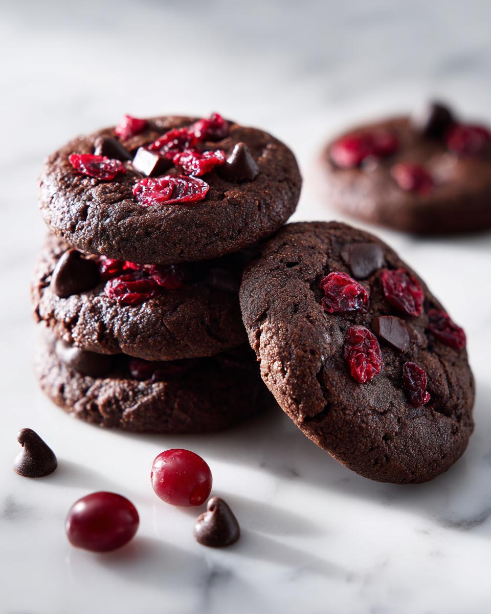 Stack of rich, dark Vegan Chocolate Cherry Cookies topped with dried cherries and chocolate chips on a white marble surface.