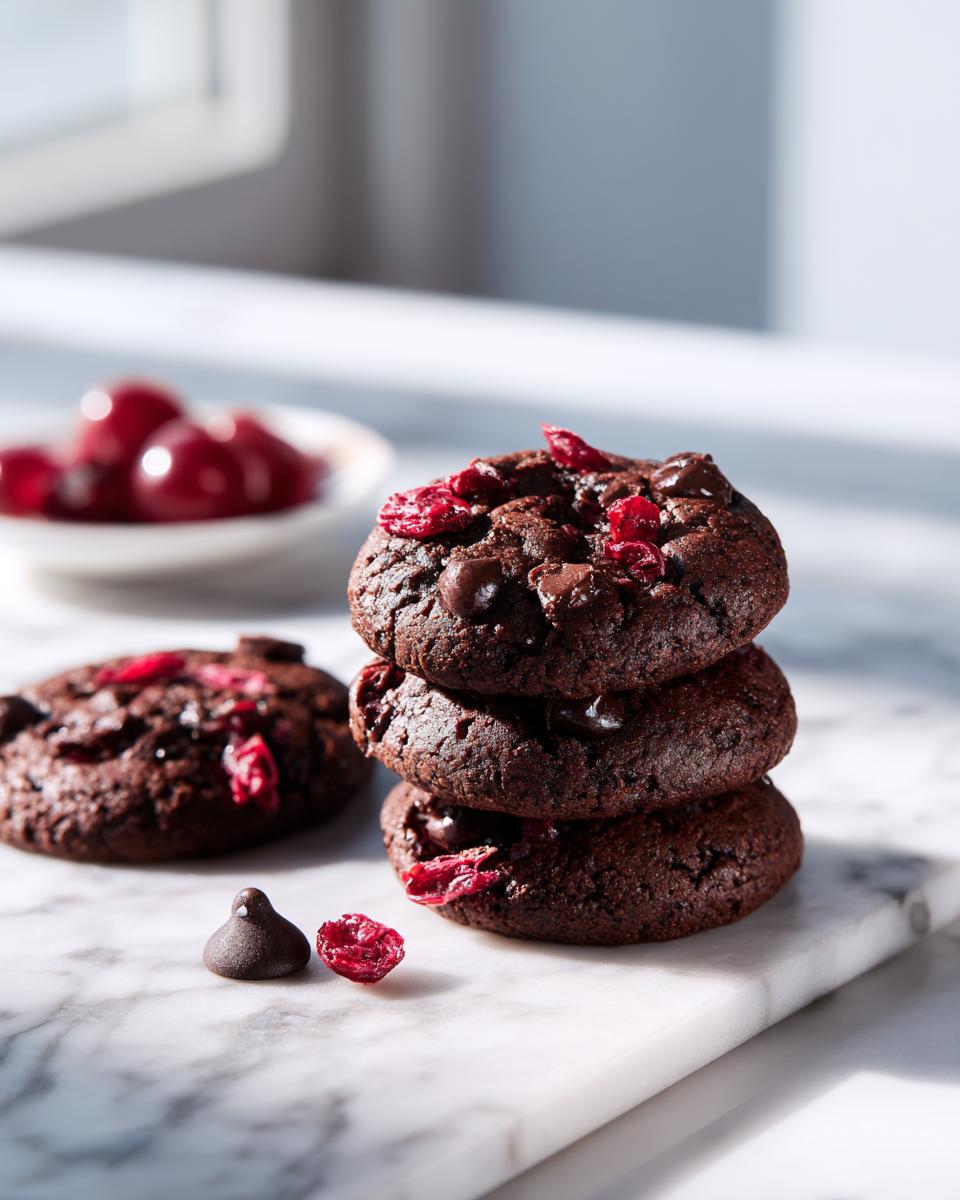 A stack of three rich, dark Vegan Chocolate Cherry Cookies topped with dried cherries and chocolate chips, set on marble.