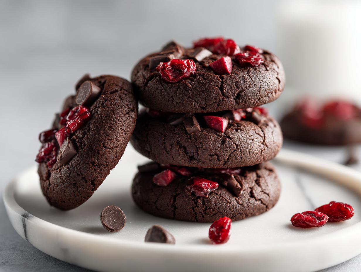A stack of three rich, dark Vegan Chocolate Cherry Cookies topped with dried cherries and chocolate chunks, resting on a white marble plate.