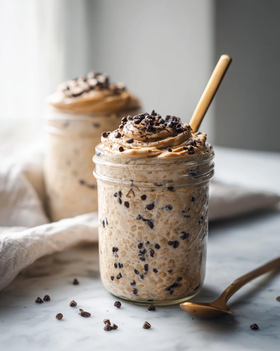 Close-up of Vegan Cookie Dough Overnight Oats topped with peanut butter swirl and mini chocolate chips in a mason jar.