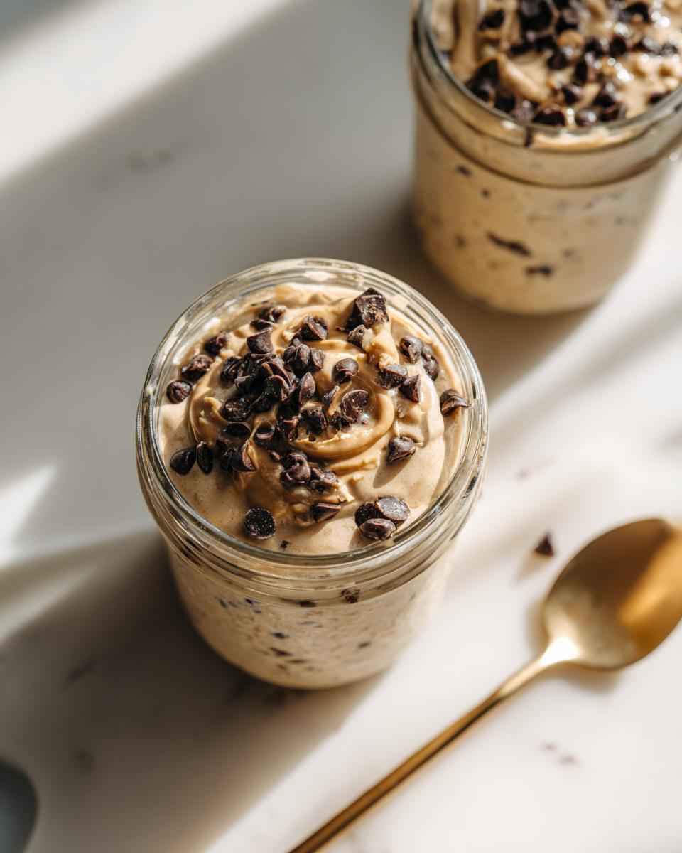 Close-up of Vegan Cookie Dough Overnight Oats topped with peanut butter swirl and chocolate chips in a mason jar.