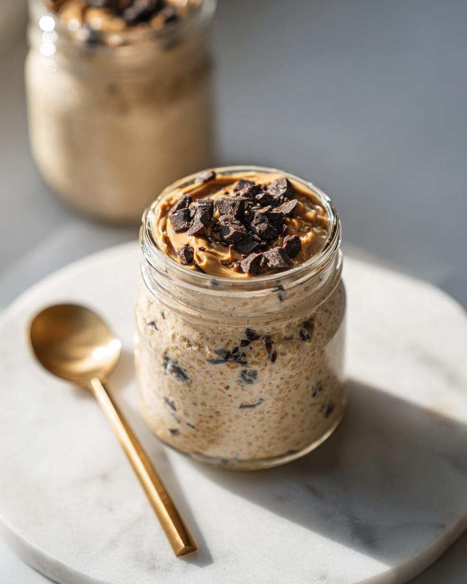 Close-up of Vegan Cookie Dough Overnight Oats topped with peanut butter and chocolate chunks in a glass jar.