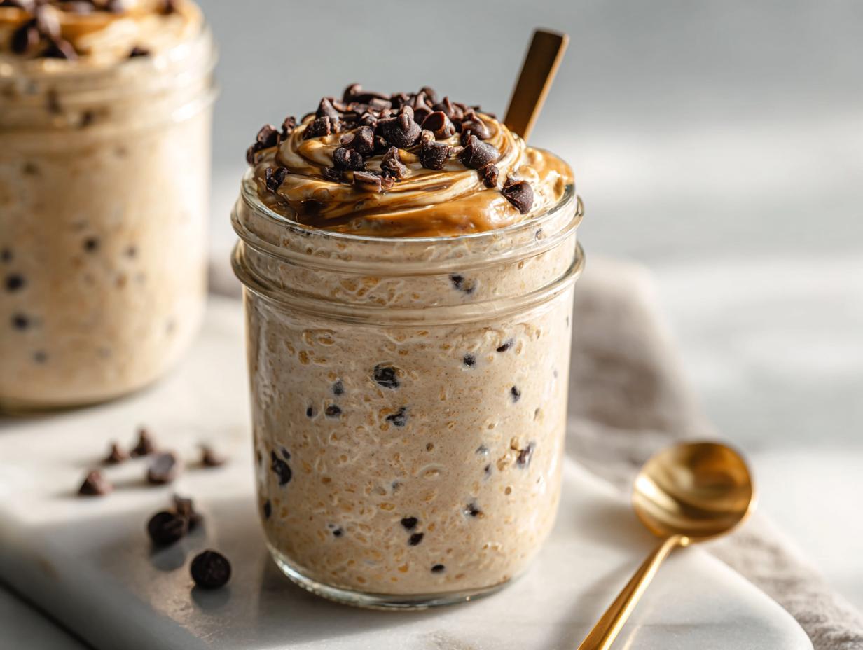 Close-up of Vegan Cookie Dough Overnight Oats topped with peanut butter swirl and chocolate chips in a mason jar.