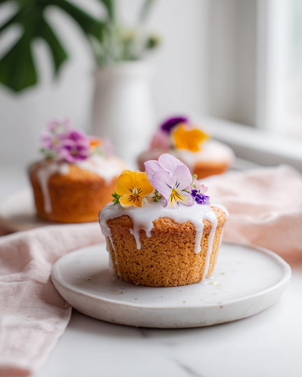 A single Wildflower Vanilla Cupcake topped with white glaze and colorful edible flowers, resting on a small plate.