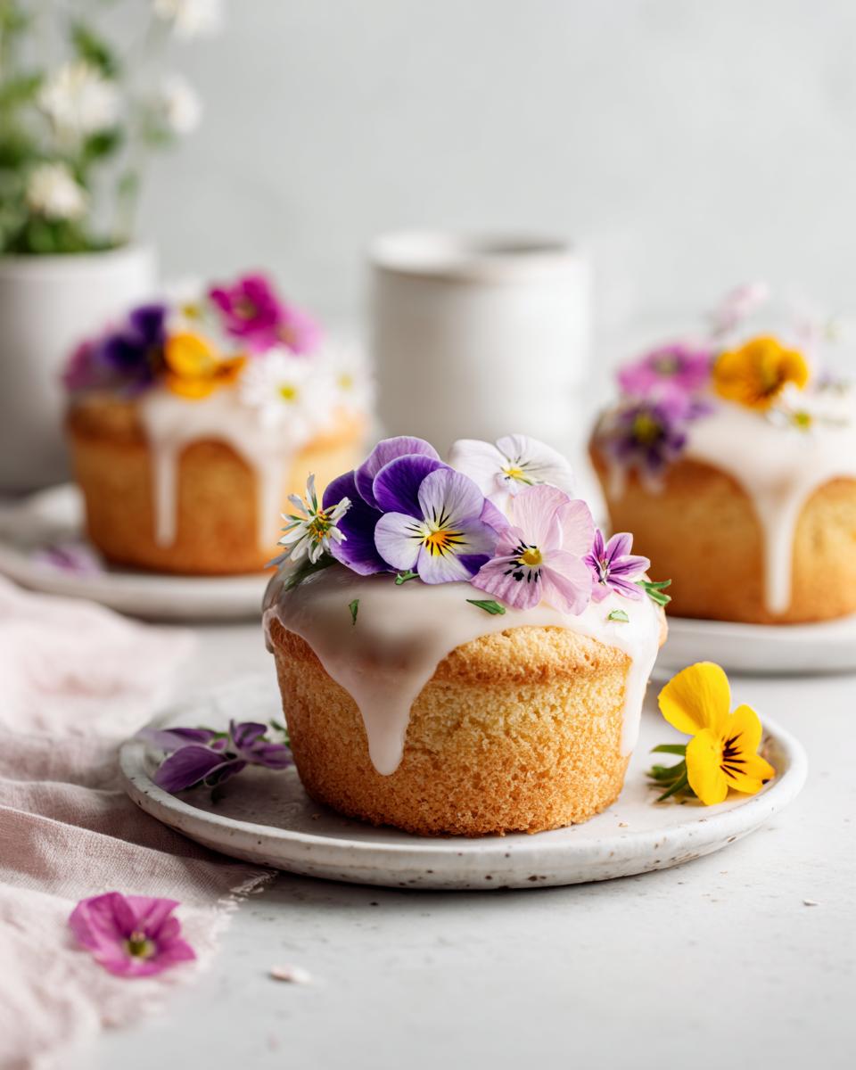 A close-up of a single Wildflower Vanilla Cupcake topped with white glaze and edible pansies.