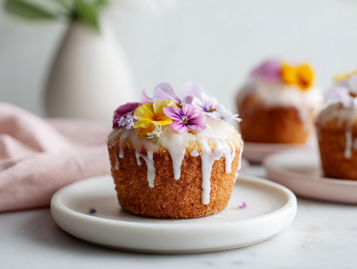 A close-up of one Wildflower Vanilla Cupcake topped with white glaze and fresh edible flowers.