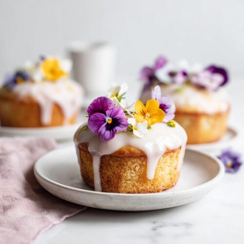 Close-up of a Wildflower Vanilla Cupcake topped with white glaze and edible pansies.