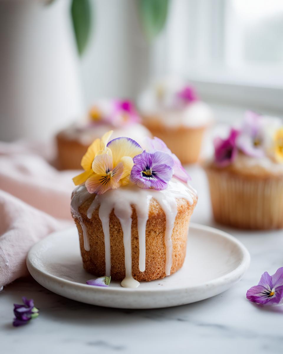 A single Wildflower Vanilla Cupcake topped with white glaze and edible pansy flowers on a small white plate.