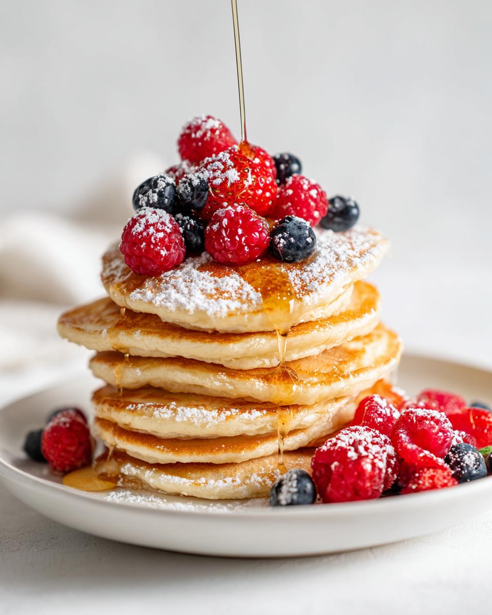 A tall stack of fluffy pancakes topped with mixed berries and powdered sugar, drizzled with syrup for an Aesthetic Pancake Breakfast.
