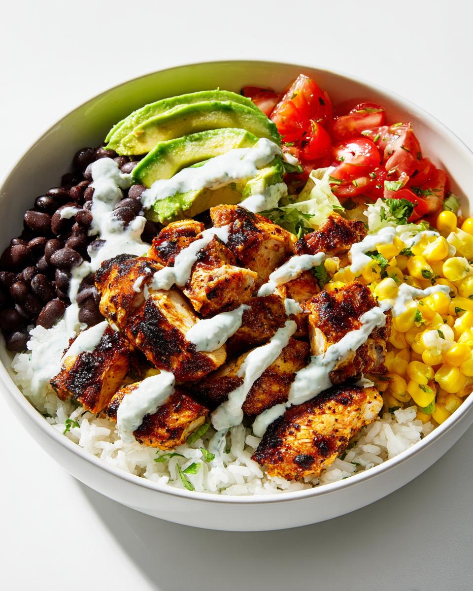 A vibrant, close-up view of an Amazing Chicken Burrito Bowl featuring seasoned chicken, rice, black beans, corn, avocado, and a creamy sauce.