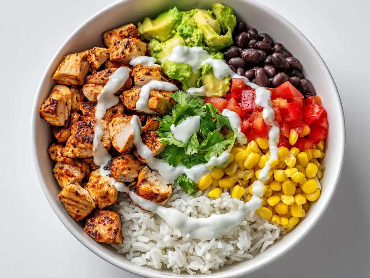 Overhead view of a vibrant Chicken Burrito Bowl featuring seasoned chicken, rice, corn, black beans, avocado, and a white sauce drizzle.