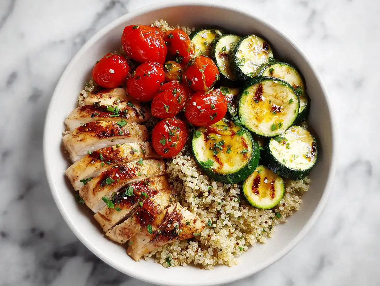 Overhead view of a Chicken Summer Plate featuring sliced grilled chicken, roasted tomatoes, grilled zucchini, and quinoa.