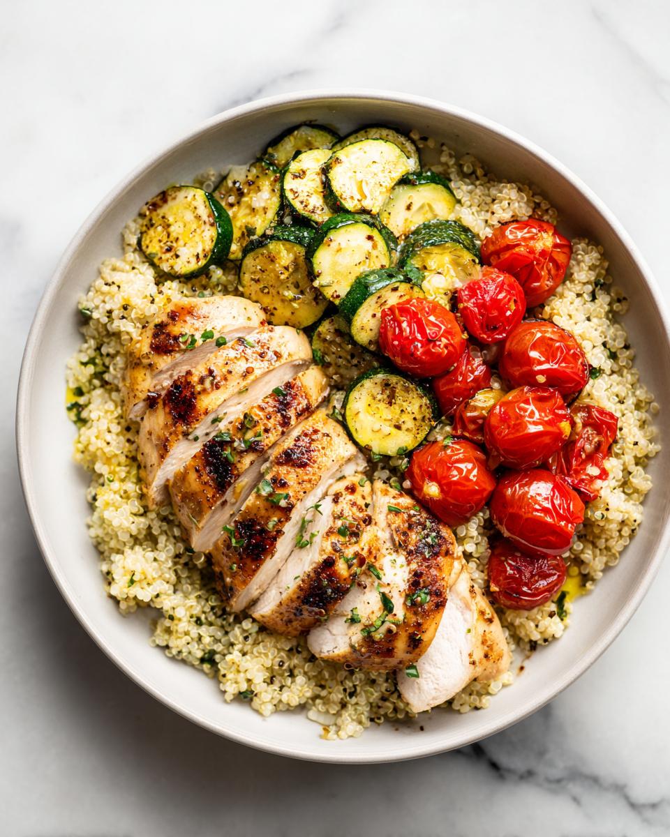 Overhead view of a Chicken Summer Plate featuring sliced grilled chicken breast over quinoa with roasted cherry tomatoes and zucchini.
