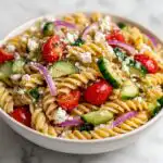 A close-up of a bowl filled with Amazing Picnic Pasta Salad featuring rotini pasta, cucumbers, cherry tomatoes, red onion, and feta cheese.