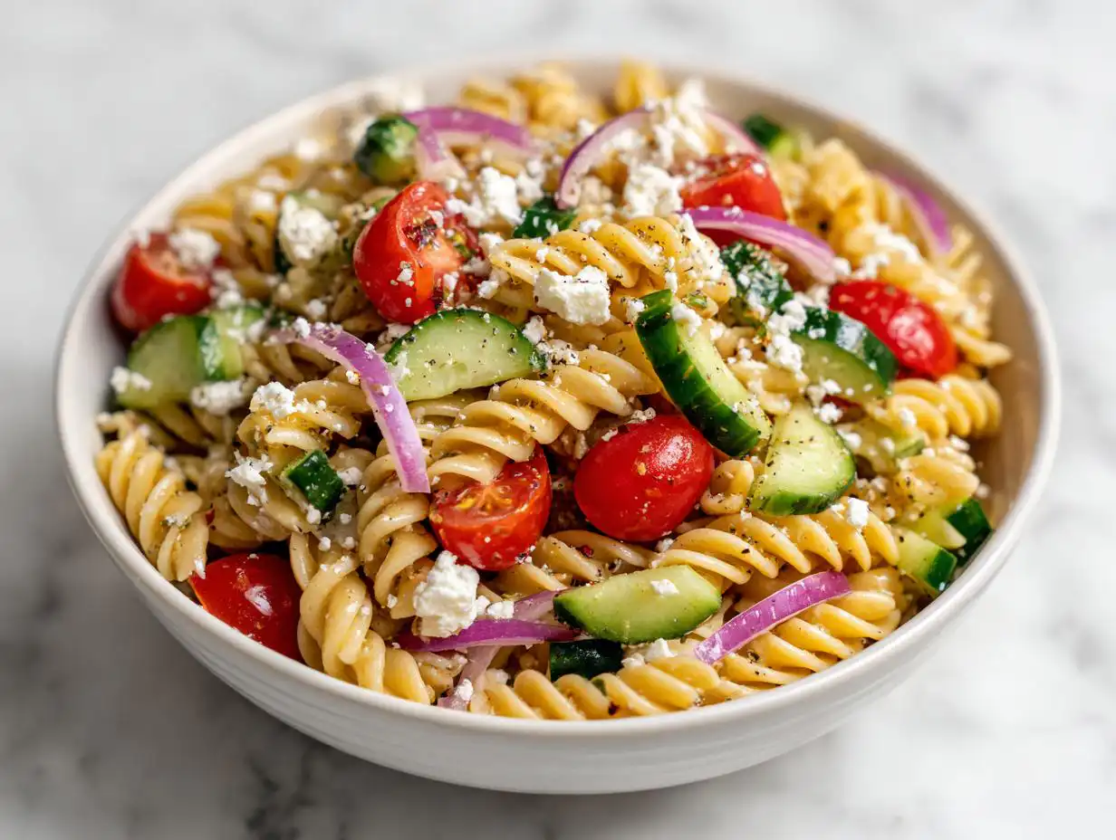 A close-up of a bowl filled with Amazing Picnic Pasta Salad featuring rotini pasta, cucumbers, cherry tomatoes, red onion, and feta cheese.