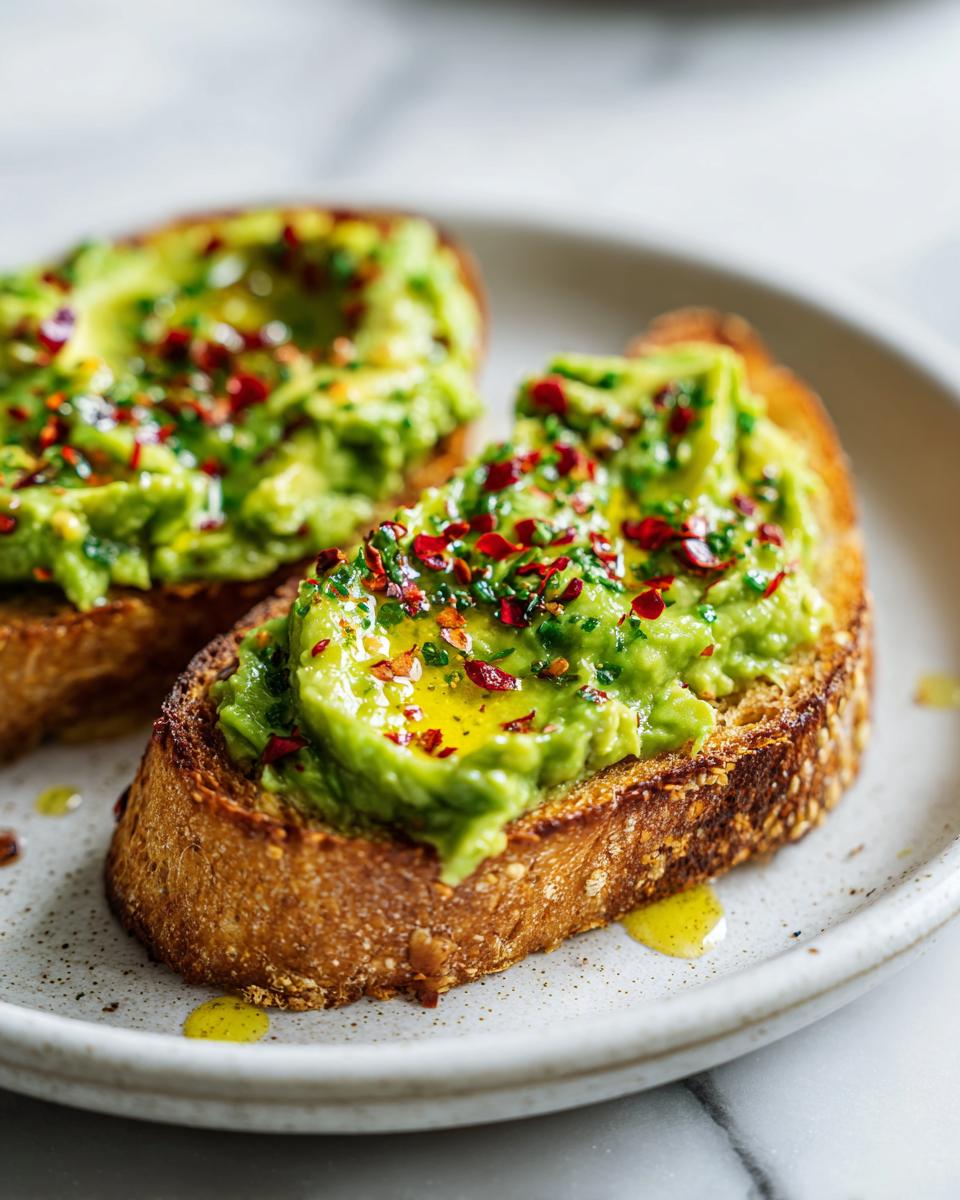 Two slices of vibrant avocado toast topped with chili flakes and olive oil, perfect for a Breakfast Toast Aesthetic.