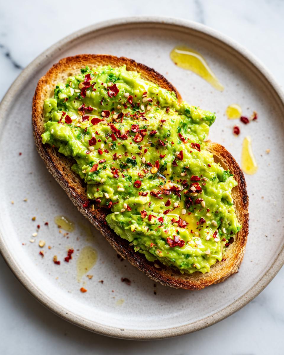 A perfectly toasted slice of bread topped with mashed avocado, chili flakes, and olive oil, showcasing a great Breakfast Toast Aesthetic.