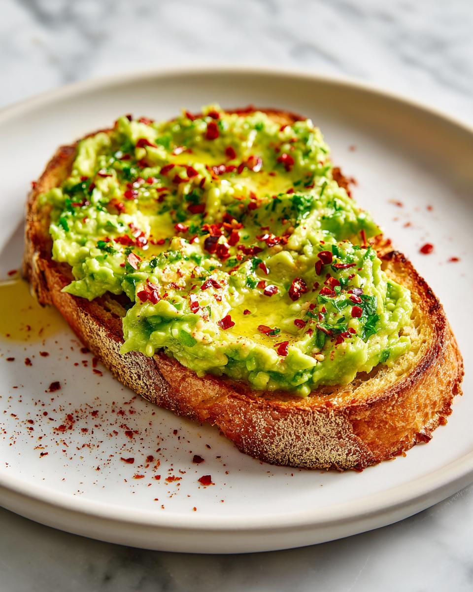 Close-up of vibrant avocado toast with chili flakes and olive oil, showcasing Breakfast Toast Aesthetic.