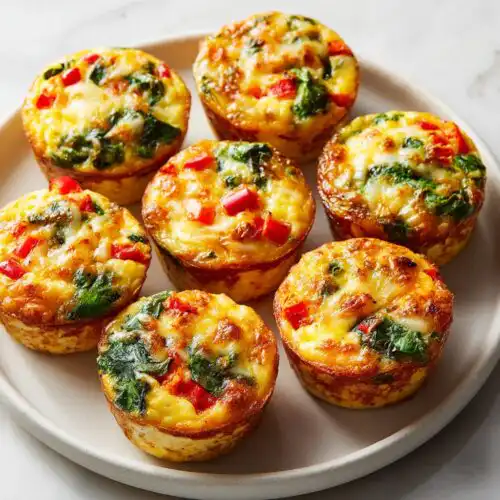 Seven golden-brown baked egg bites with spinach and red pepper, perfect for Breakfast Meal Prep.
