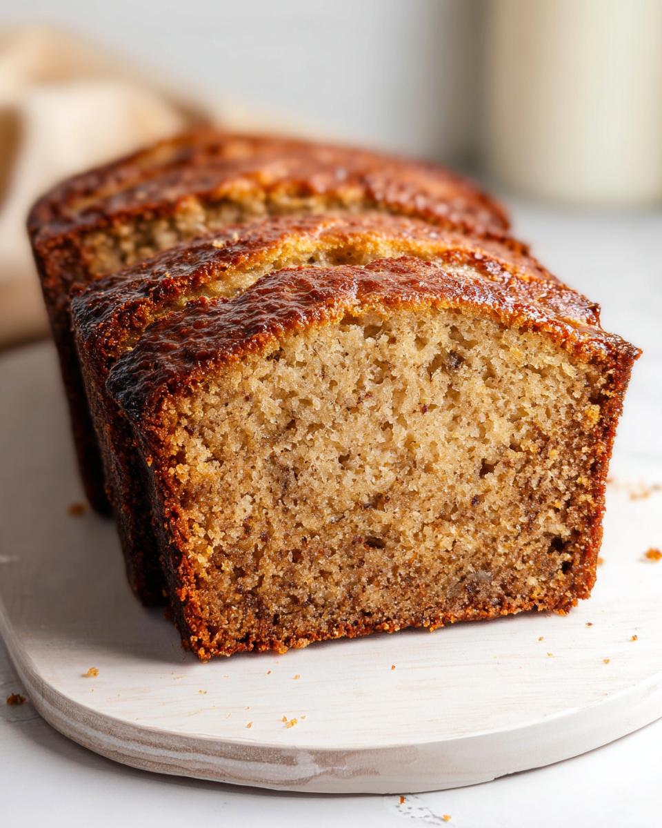 Close-up of freshly sliced Bakery Style Banana Bread showing a moist crumb and dark, caramelized top crust.
