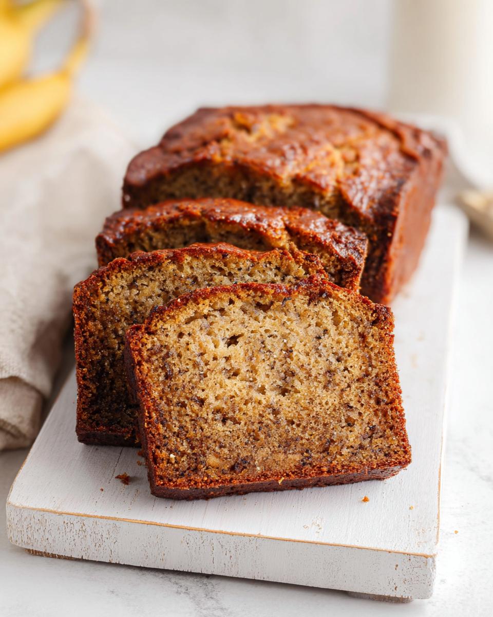 Close-up of three thick slices of moist Bakery Style Banana Bread on a white cutting board.