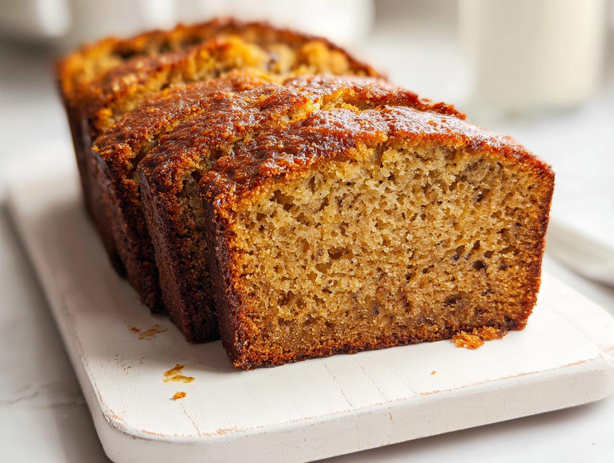 Close-up of thick slices of moist Bakery Style Banana Bread showing a rich, golden-brown crust.